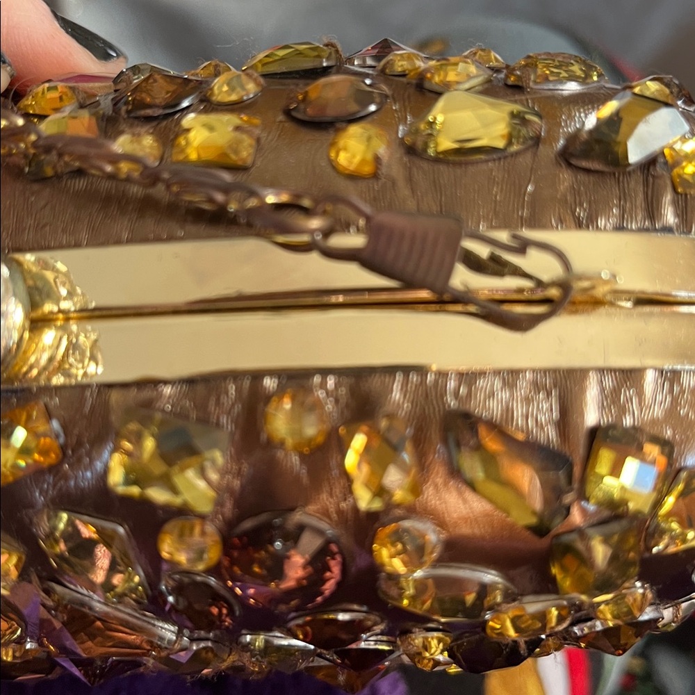 Bejeweled hard case Clutch embellished with gold & Amber crystals & rhinestones. - Picture 9 of 14